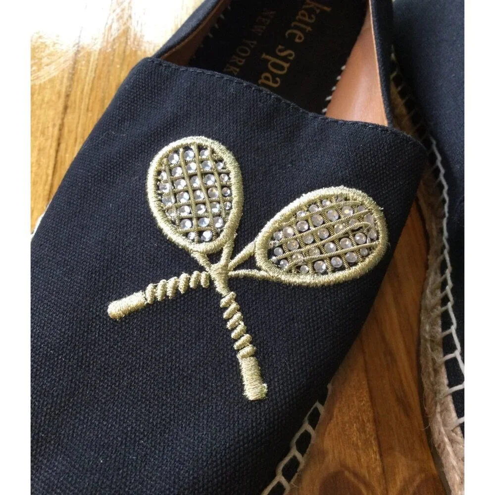Kate Spade Double Tennis Racket Embroidered Canvas Espadrilles 7.5 Black Gold